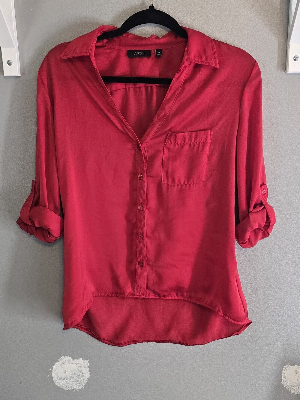 Women's Red Button-Front Roll-Sleeve Blouse